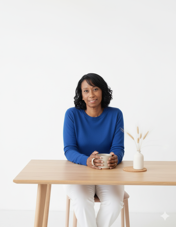 Donna seated at a table holding a warm drink