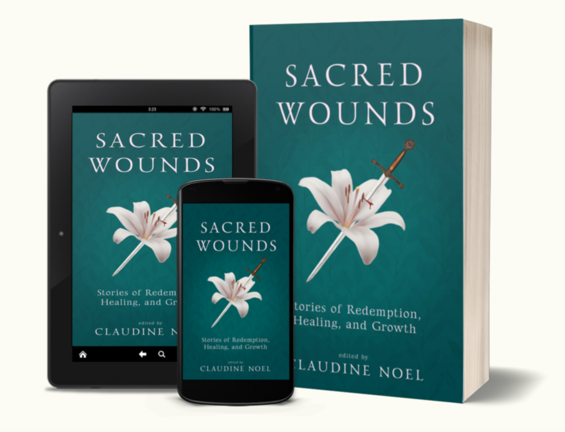 Sacred Wounds shown as a printed book, tablet, and mobile edition